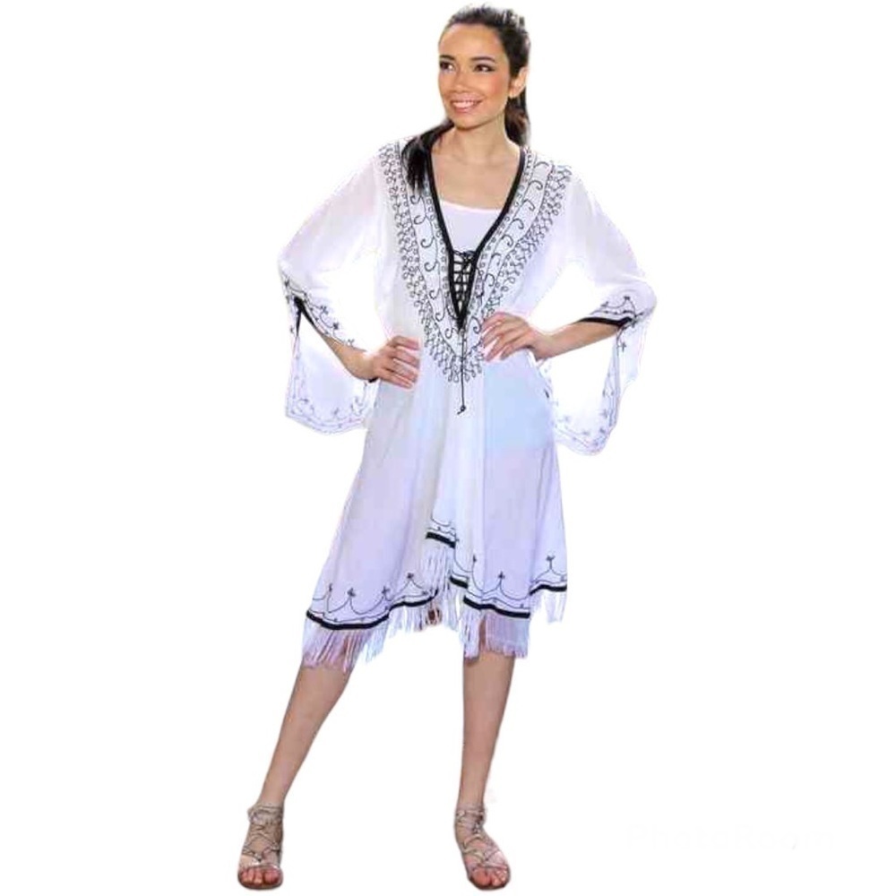 La Moda White/Black Long Sleeve Embroidered Fringed Hem Short Dress/Beach Cover